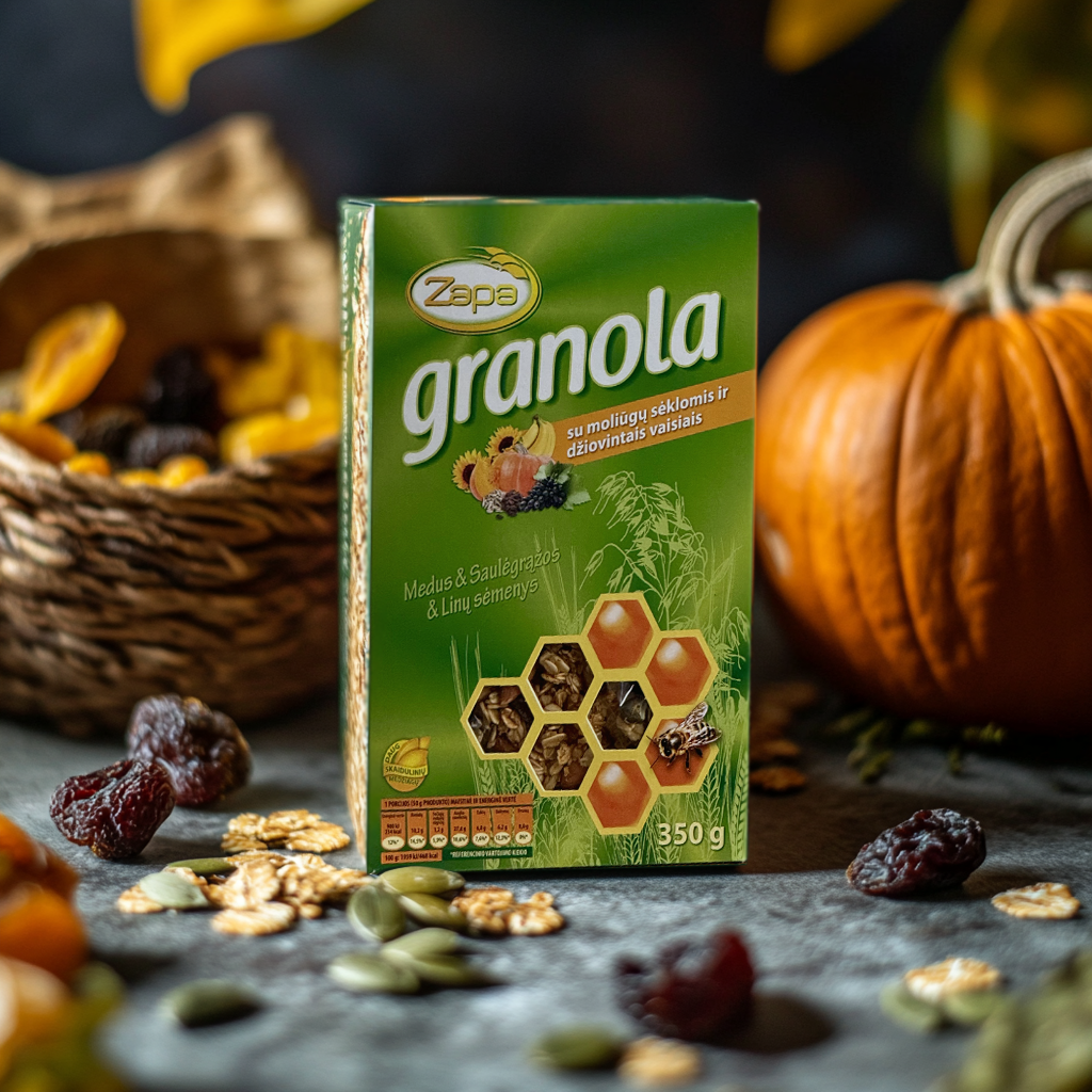 Granola su moliūgų sėklomis ir džiovintais vaisiais